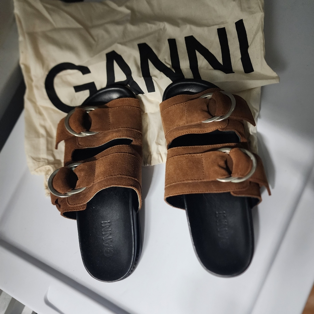 GANNI dual strap suede slides